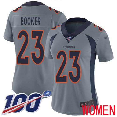 Women Denver Broncos #23 Devontae Booker Limited Silver Inverted Legend 100th Season Football NFL Jersey->women nfl jersey->Women Jersey